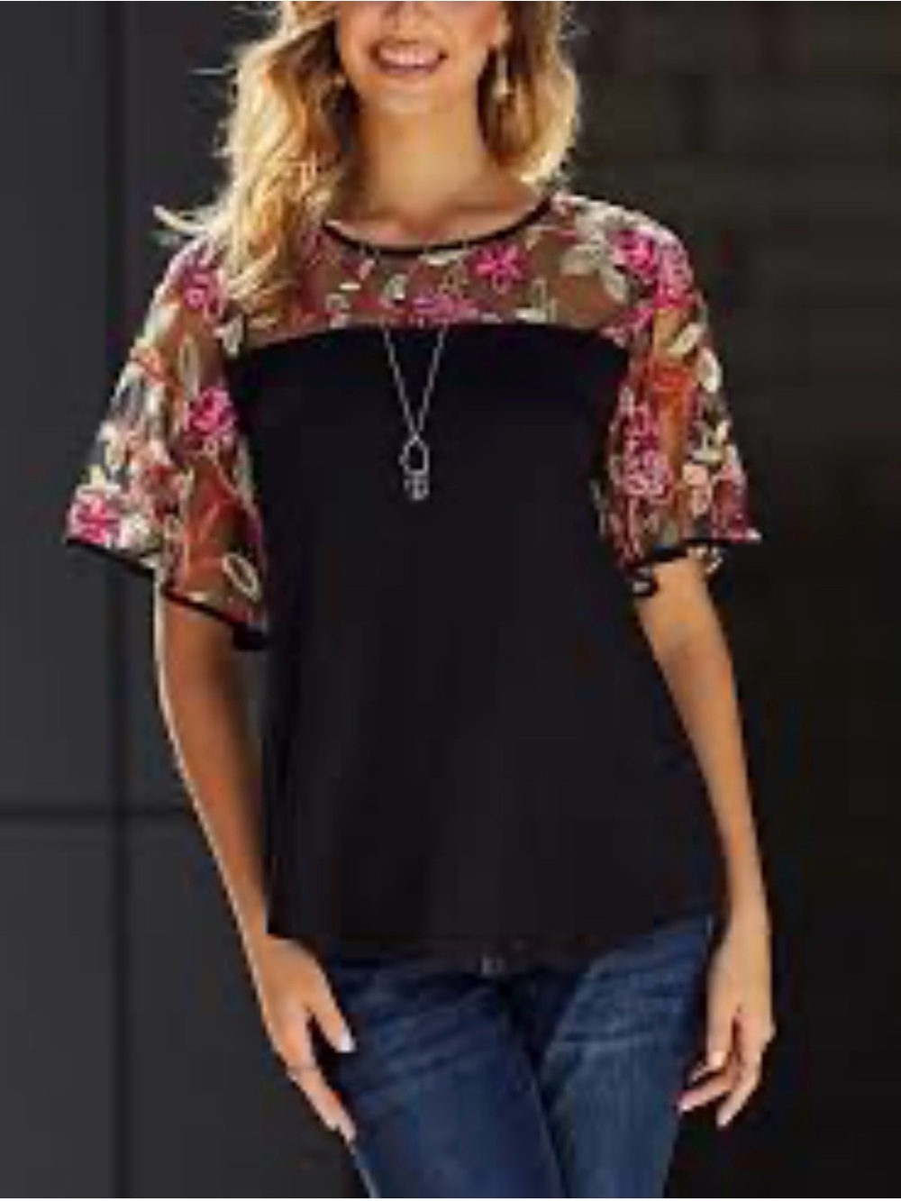 🌸. Black Floral Lace Yoke Flutter Sleeve Top - Women's